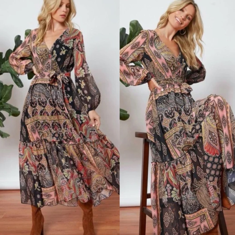 Boho gypsy paisley print v neck sheer long sleeve maxi dress
